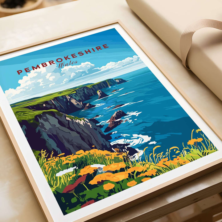 Pembrokeshire travel print featuring vibrant coastlines and flowers, showcasing the beauty of Wales. Perfect for home decor.