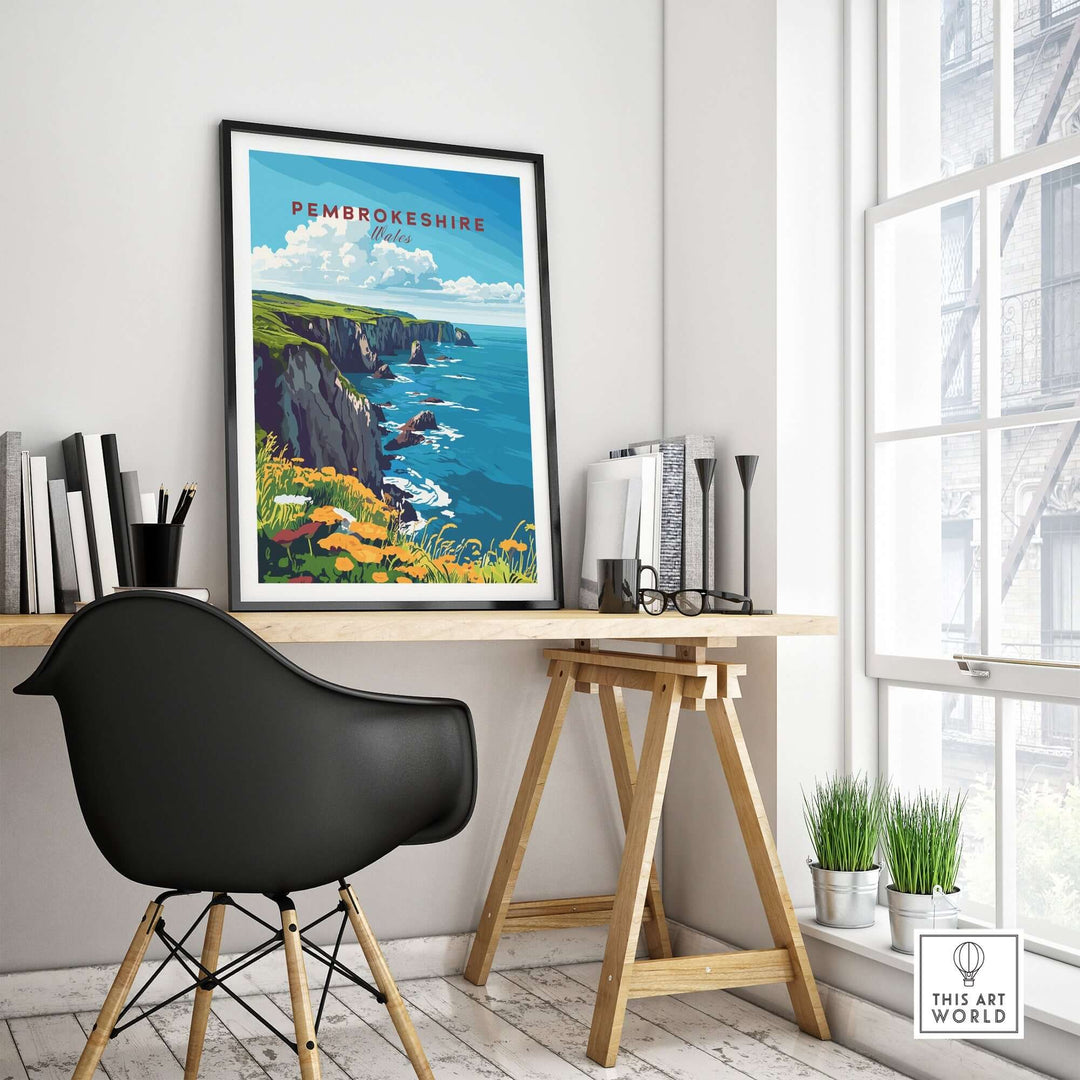 Pembrokeshire travel print framed on wall above stylish desk, showcasing stunning coastal scenery and vibrant colors.