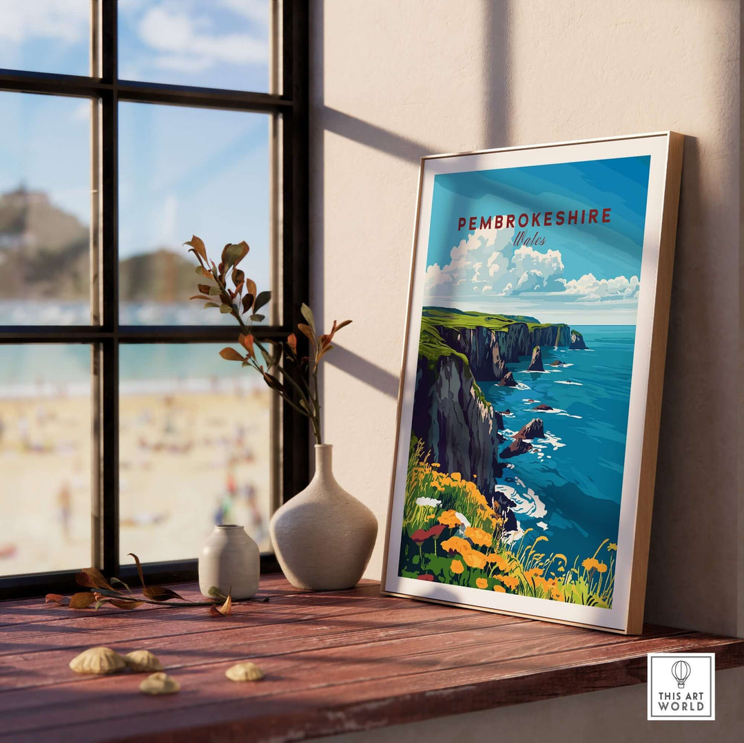 Pembrokeshire travel print displayed in a bright room, showcasing coastal scenery and vibrant colors. Perfect for home decor.