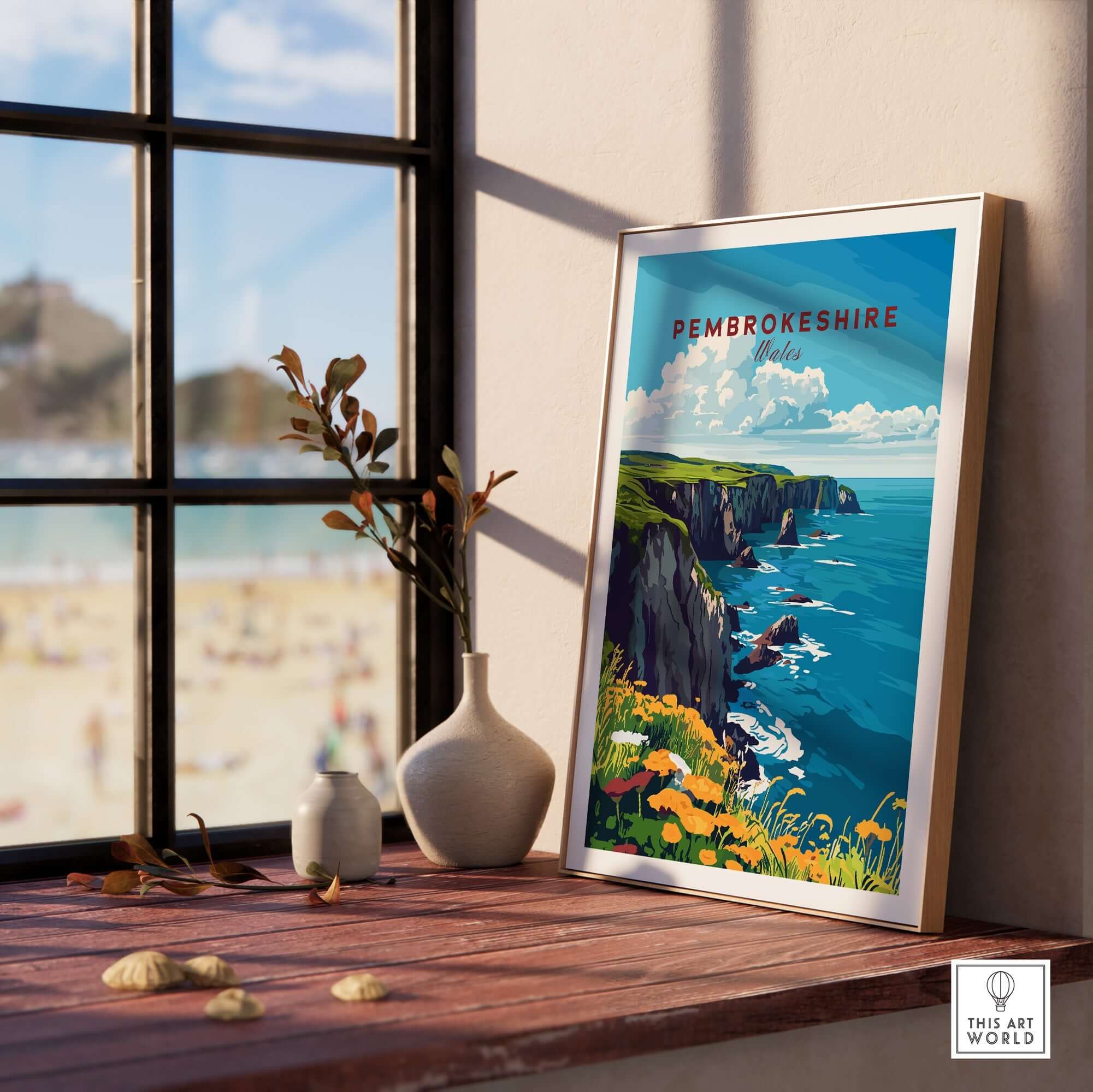 Pembrokeshire Travel Print showcasing the stunning coast and cliffs in a decorative frame by a window.