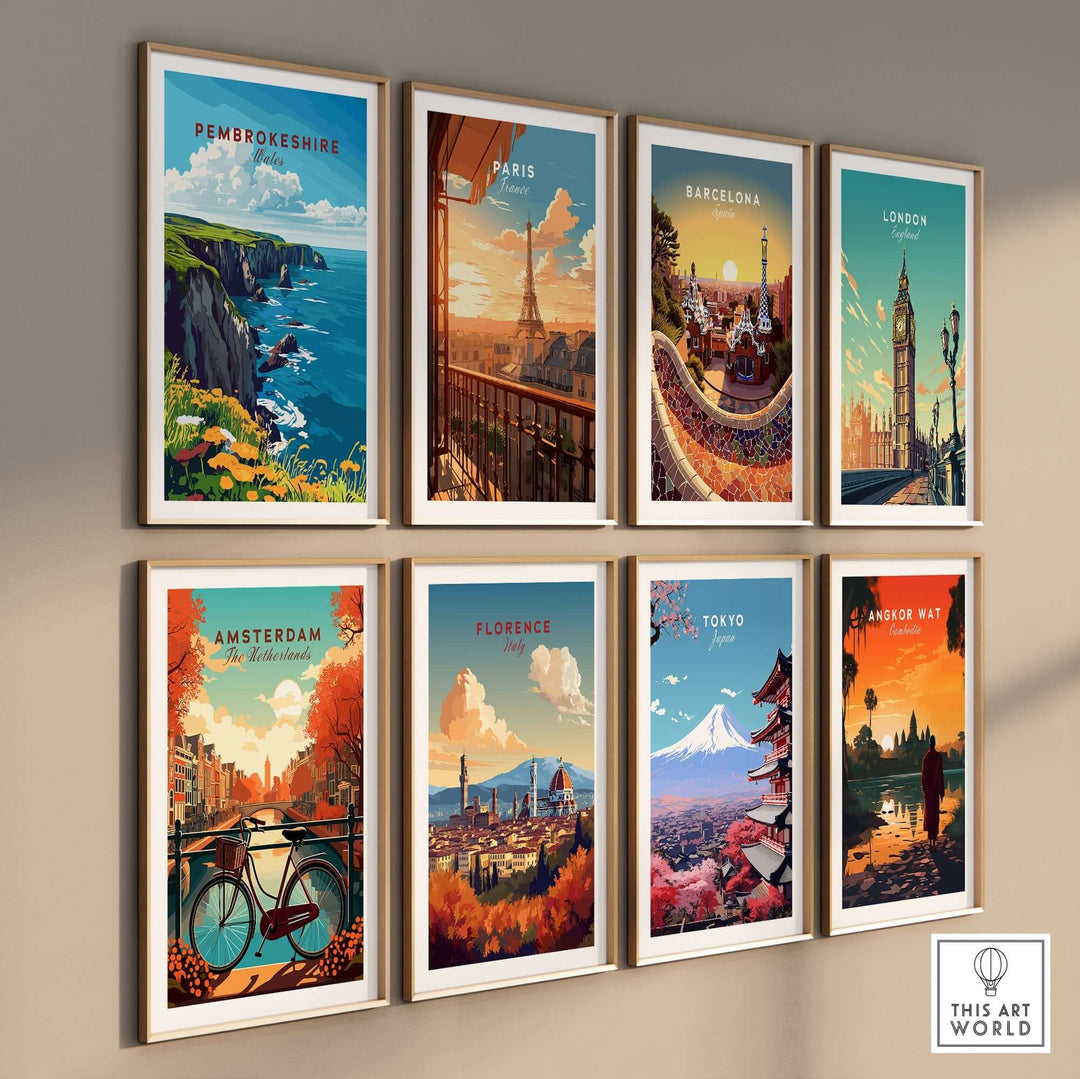 Pembrokeshire travel print among other iconic city prints on a decorative wall display, showcasing vibrant colors and travel themes.