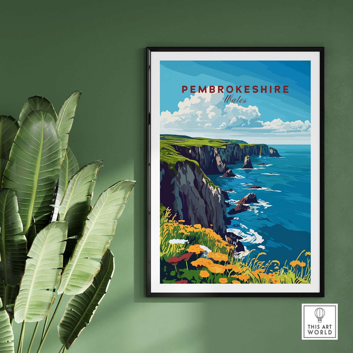 Colorful Pembrokeshire travel print showcasing cliffs and coastline, ideal for home decor lovers and travel enthusiasts.