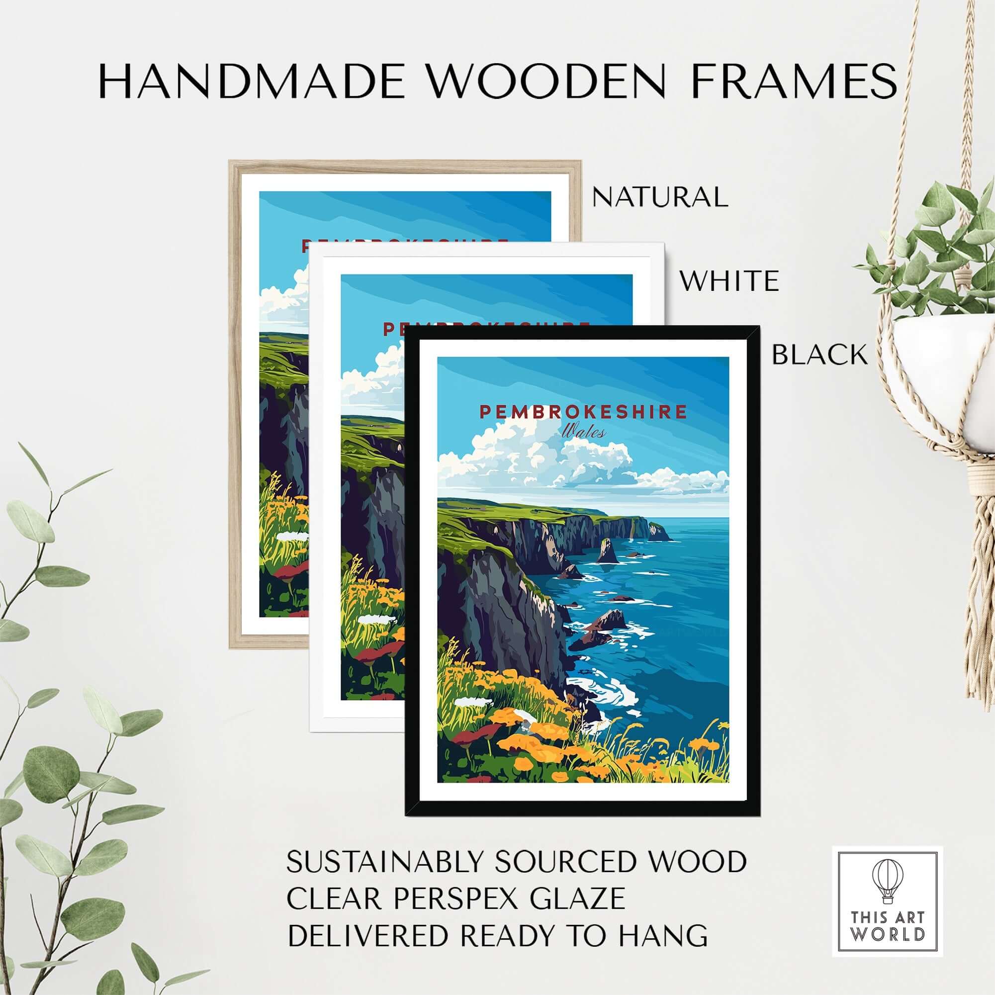 Handmade wooden frames displaying Pembrokeshire Travel Print, sustainably sourced wood and clear perspex glaze.