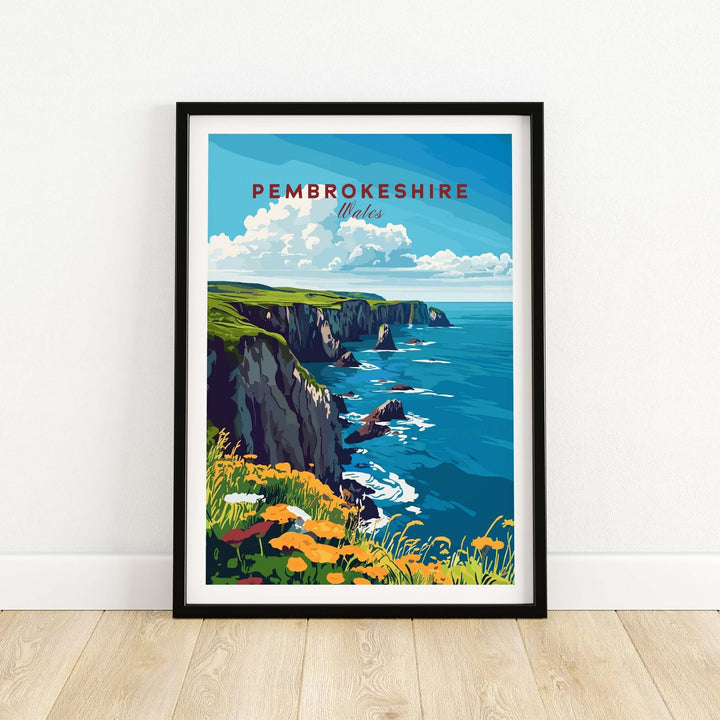 Pembrokeshire travel print showcasing the stunning coastline and vibrant colors of Wales, ideal for home decor.