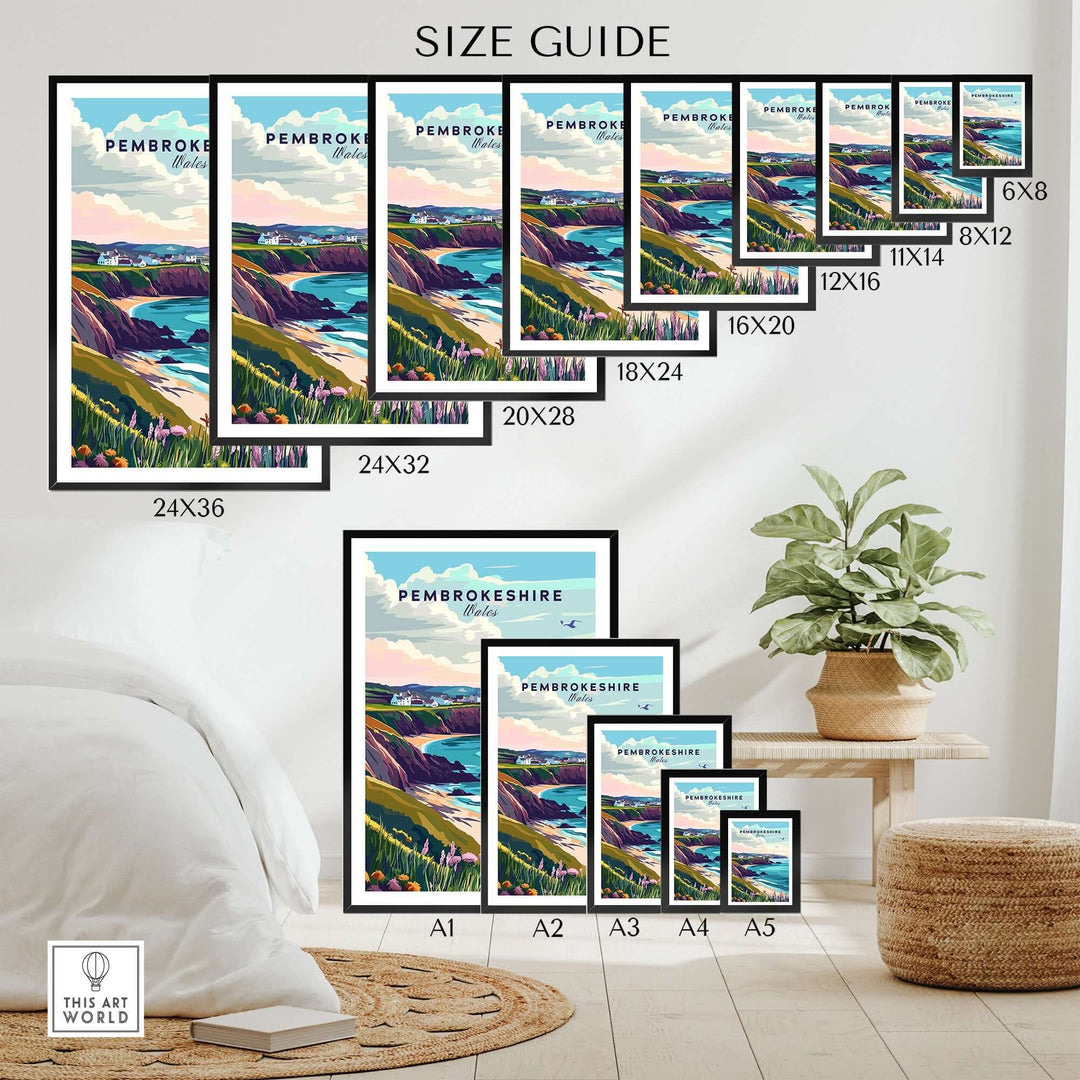 Size guide for Pembrokeshire Wales Posters displayed in various frame sizes on a modern living room backdrop.