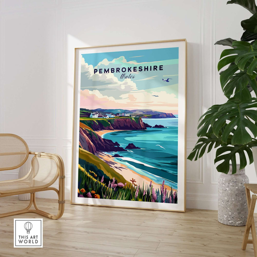 Vibrant Pembrokeshire Wales poster showcasing stunning coastal scenery in a stylish interior setting.