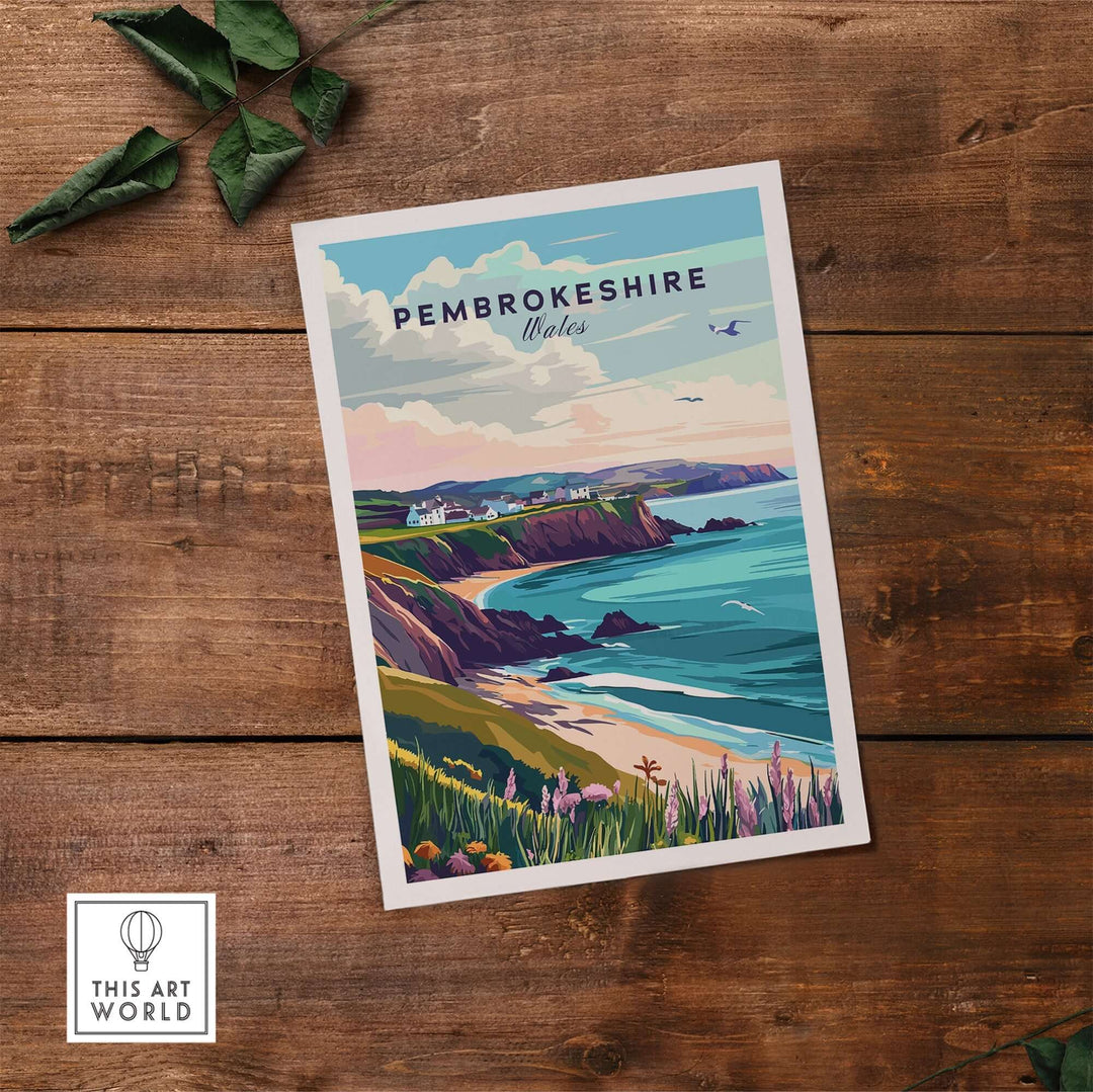 Pembrokeshire Wales poster showcasing vibrant coastal scenery and picturesque landscapes. Perfect for home décor.