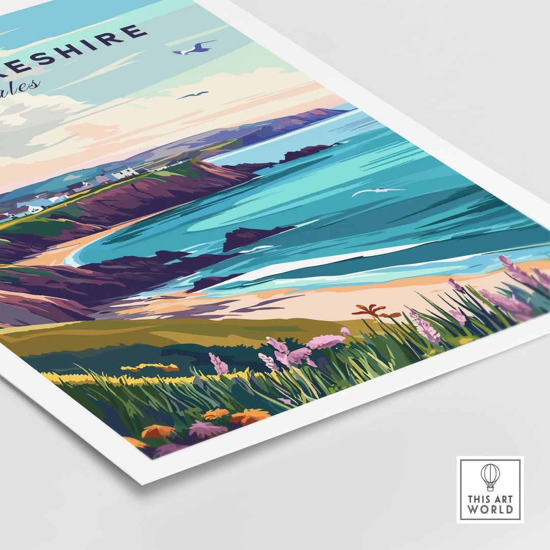 Vibrant Pembrokeshire Wales poster showcasing stunning coastal landscapes and colorful flora. Perfect for home decor.