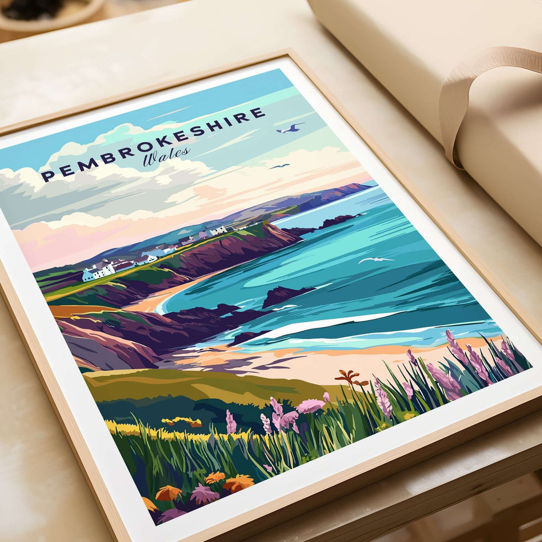 Pembrokeshire Wales poster showcasing vibrant coastal landscapes and scenic views in a stylish frame.