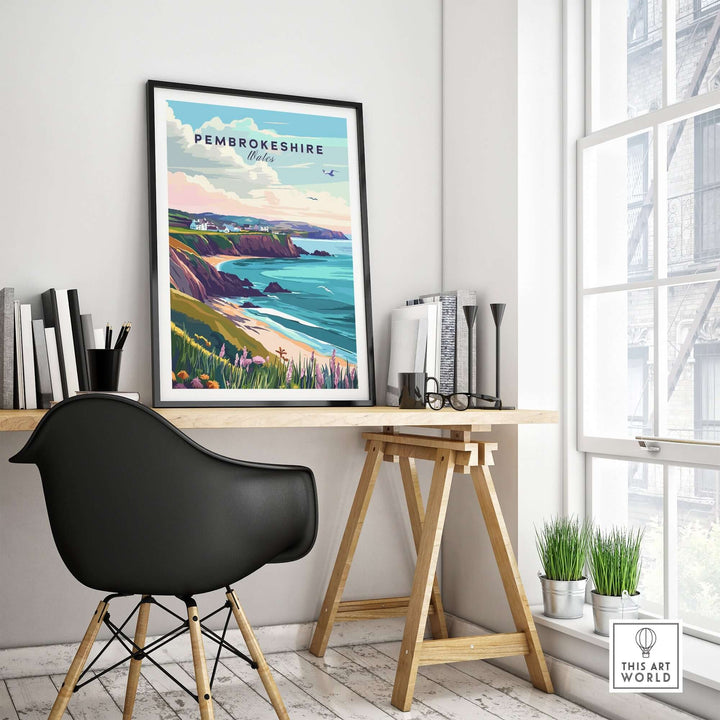 Pembrokeshire Wales poster displayed in a stylish workspace with a modern chair and desk, showcasing coastal landscapes.