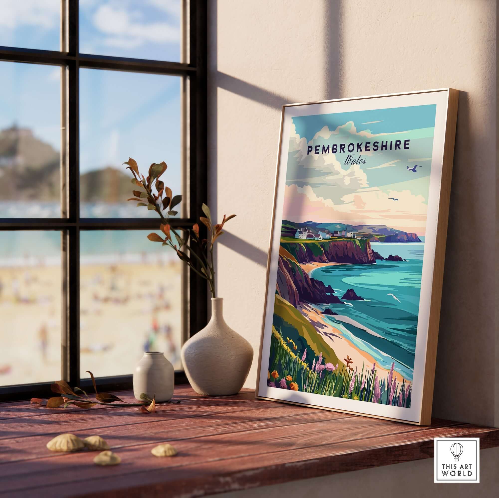 Pembrokeshire Wales Poster displayed on a windowsill with a coastal view in the background, enhancing interior decor.
