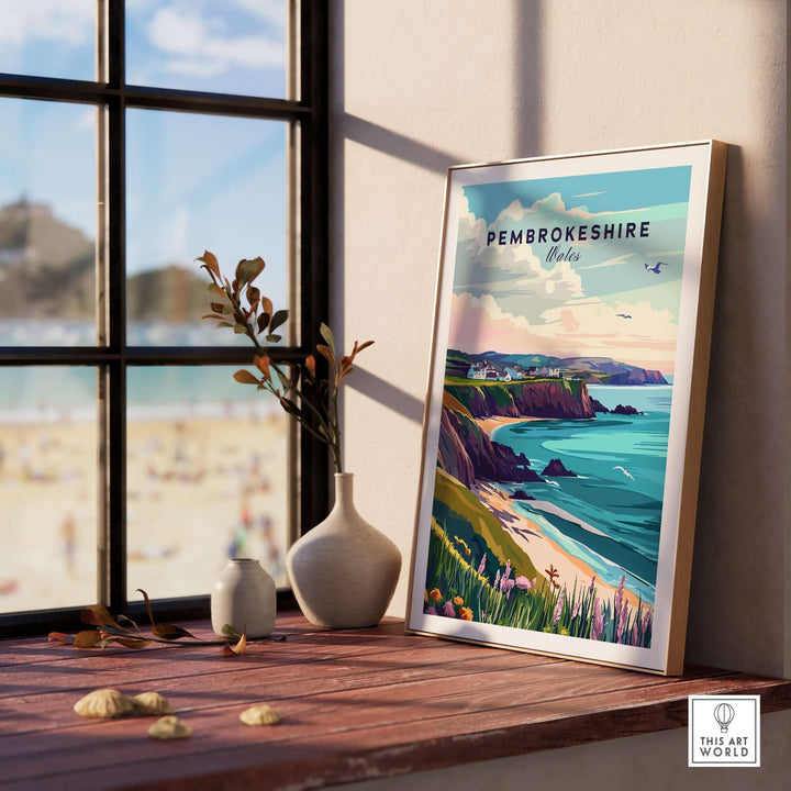 Pembrokeshire Wales poster displayed on a windowsill, showcasing vibrant coastal landscapes and scenic views.