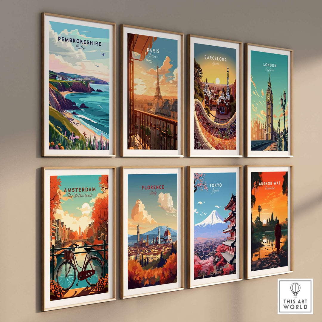 Collection of vibrant travel posters including Pembrokeshire, Paris, and Tokyo showcasing scenic landscapes and city views.