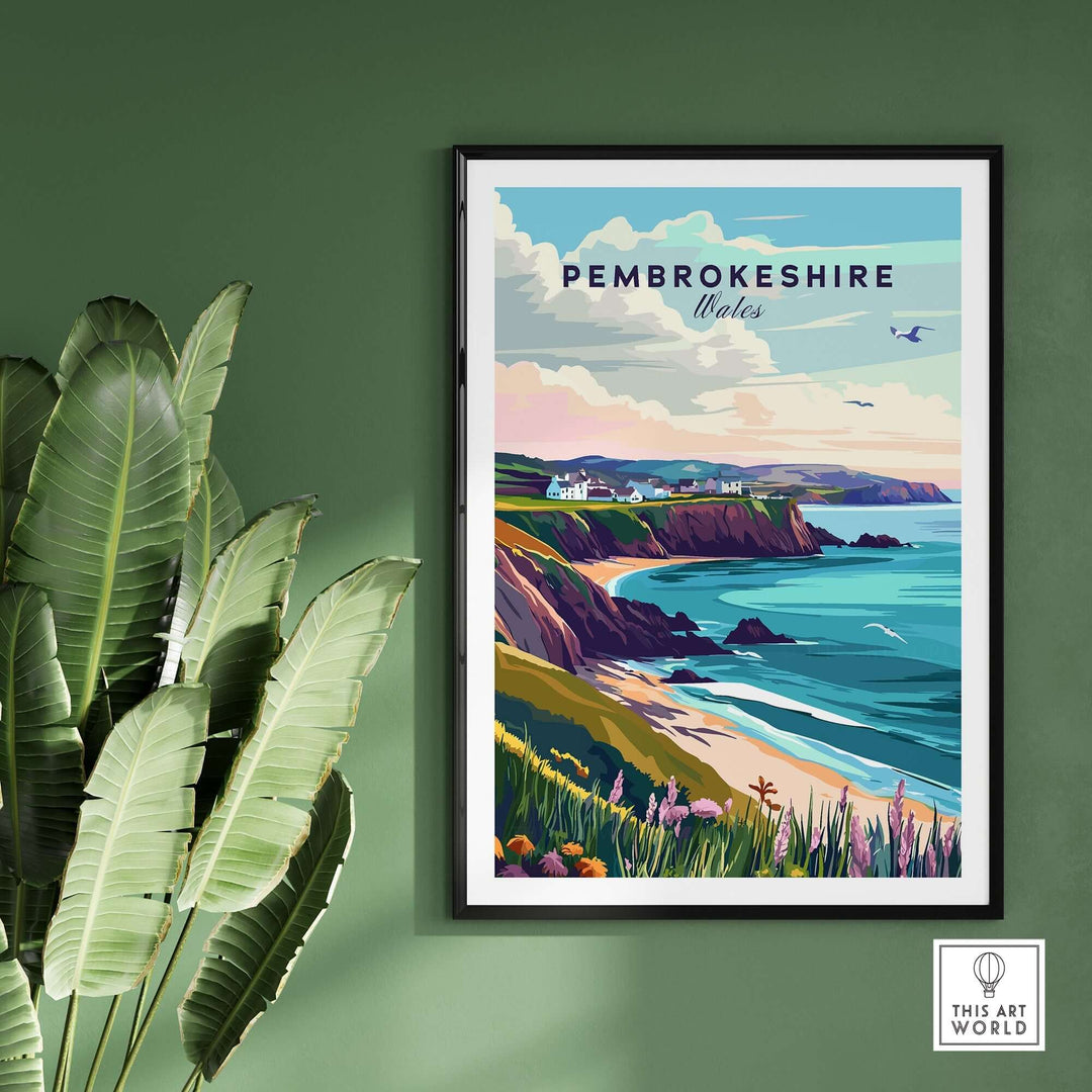 Pembrokeshire Wales poster showcasing coastal scenery and vibrant landscapes, perfect for home decor inspiration.