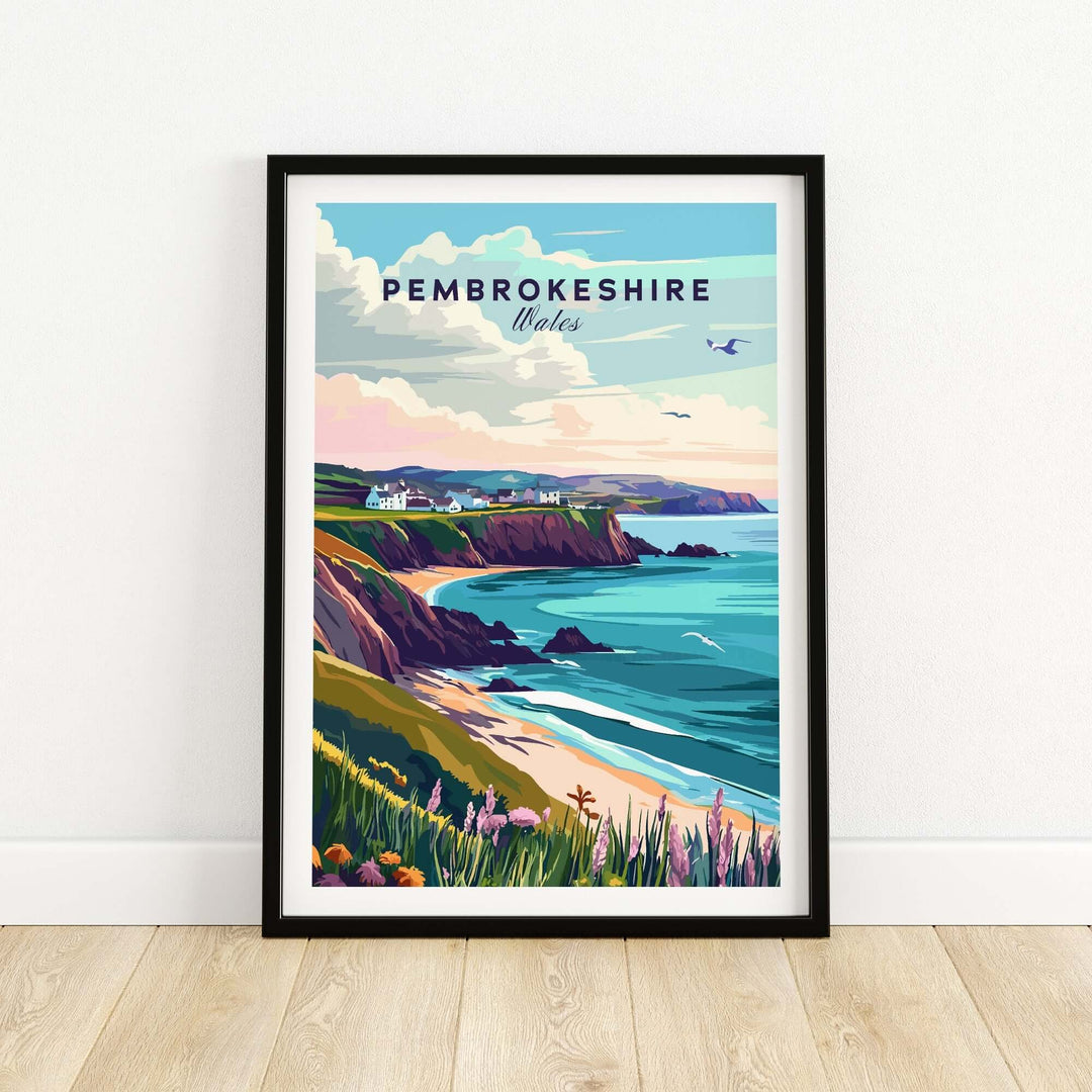 Pembrokeshire Wales poster showcasing coastal landscape with vibrant colors and picturesque views of the Welsh coast.