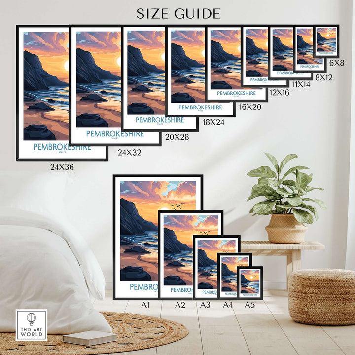 Size guide for Pembrokeshire Wales travel poster showcasing various frame sizes and design. Perfect for decor enthusiasts.