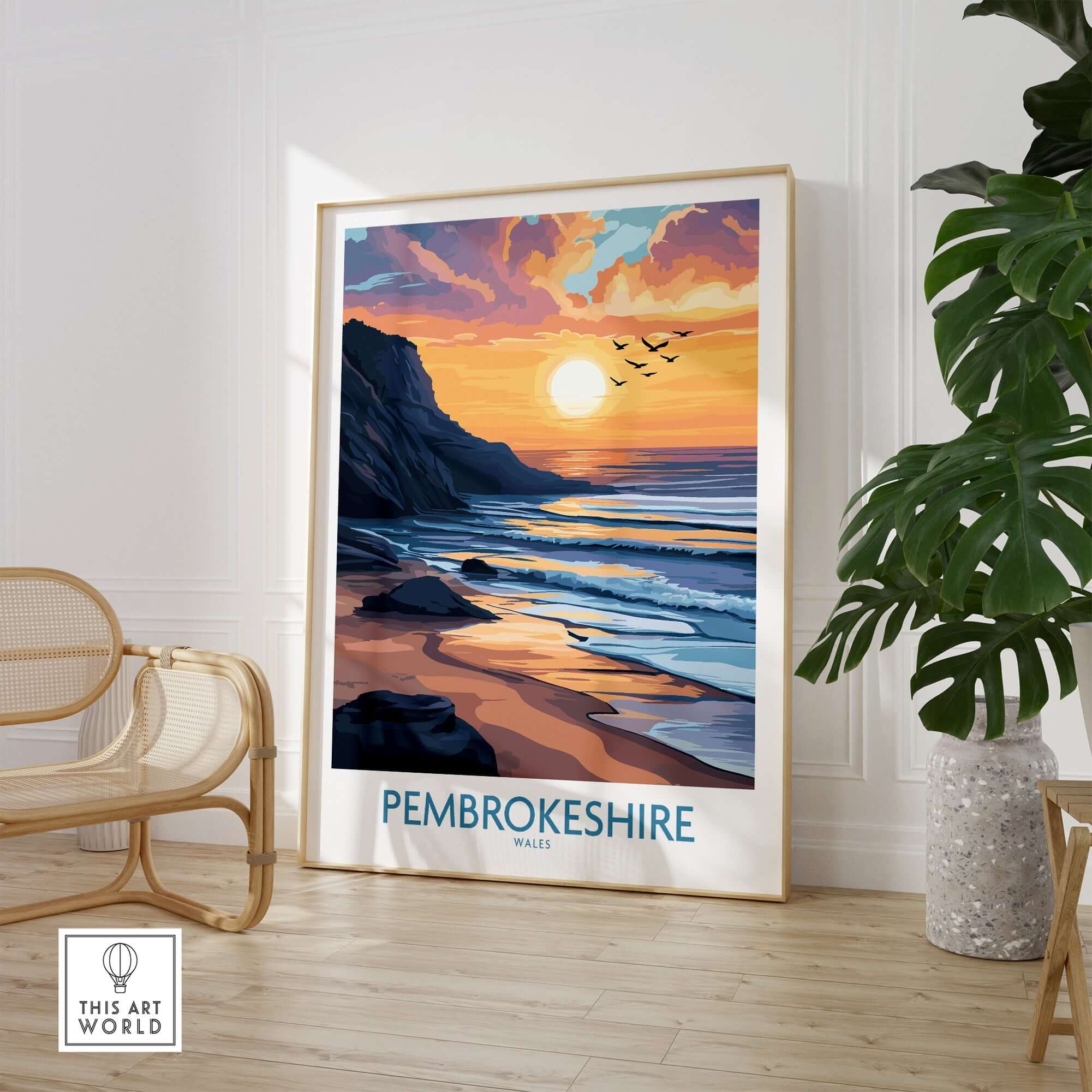 Pembrokeshire Wales Travel Poster showcasing a golden sunset over the coast, perfect for travel and art lovers.