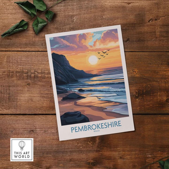 Pembrokeshire Wales travel poster featuring a golden sunset over the beach and cliffs, perfect for travel enthusiasts.