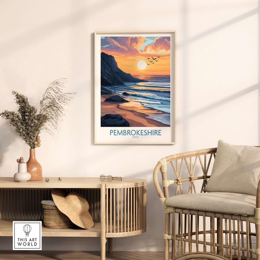 Pembrokeshire Wales travel poster showcasing a golden sunset and serene beach scene in a stylish interior setting.