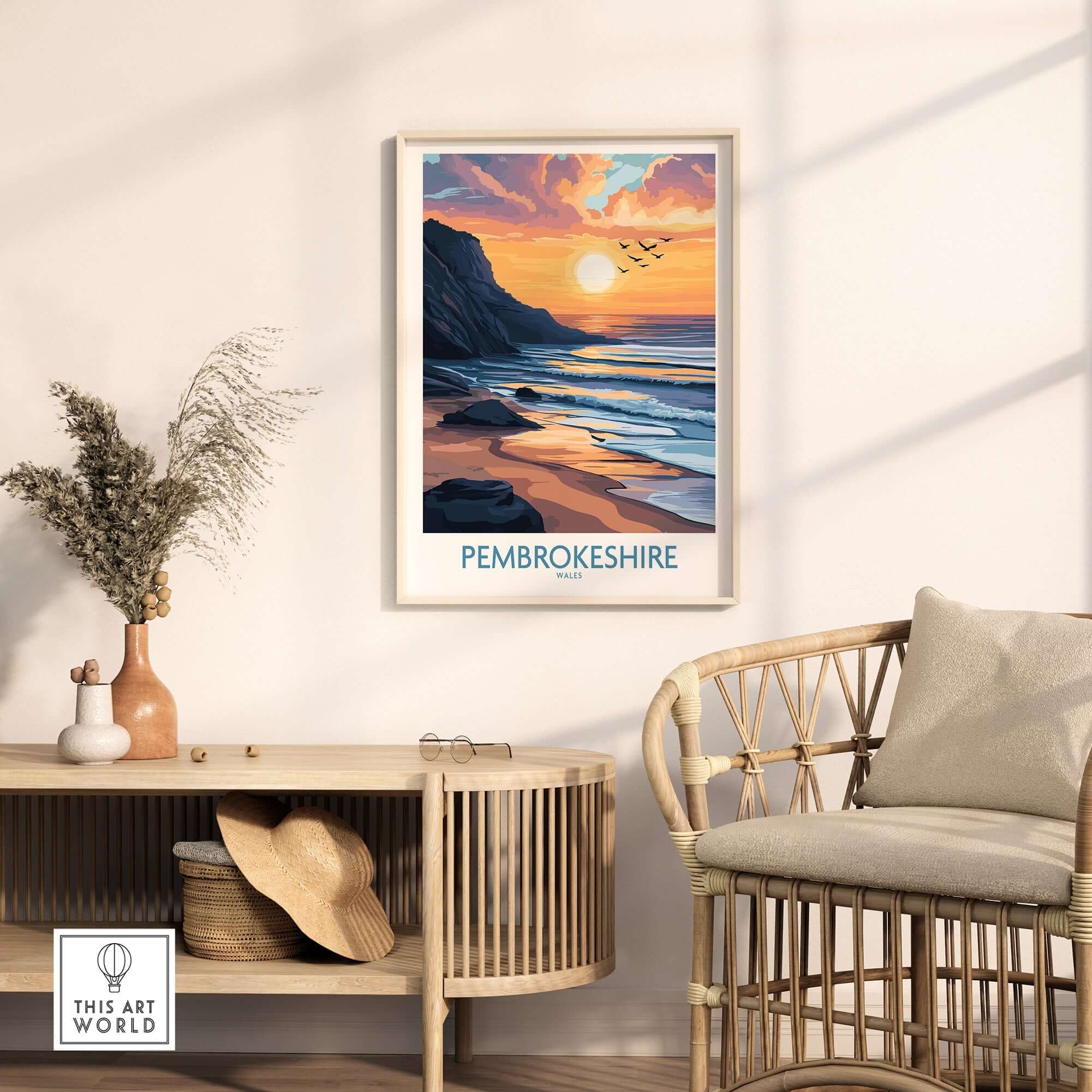 Pembrokeshire Wales Travel Poster featuring a golden sunset and scenic beach view.