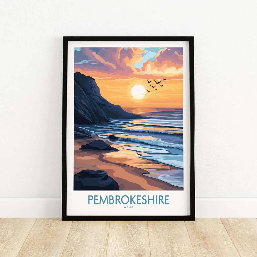 Pembrokeshire Wales travel poster showcasing a golden sunset over the beach and cliffs, perfect for art and travel enthusiasts.