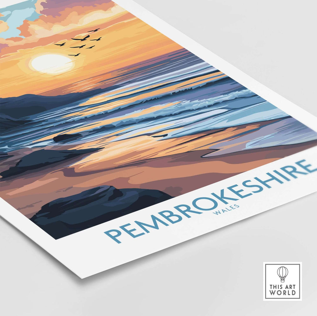 Pembrokeshire Wales travel poster featuring a golden sunset and ocean waves, perfect for travel and art enthusiasts.