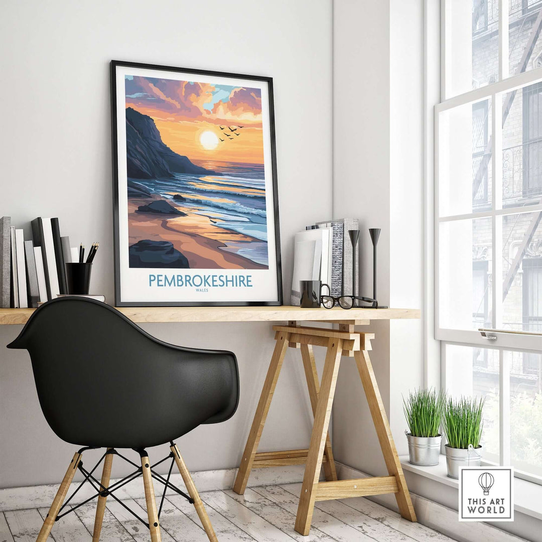 Pembrokeshire Wales travel poster featuring a golden sunset, displayed in a stylish home office setting.