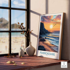 Pembrokeshire Wales Travel Poster showcasing a golden sunset over the beach, ideal for art lovers and travelers.
