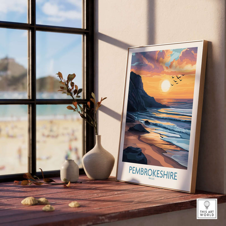 Pembrokeshire Wales travel poster featuring a golden sunset, displayed on a windowsill with beach view. Perfect for travel lovers.