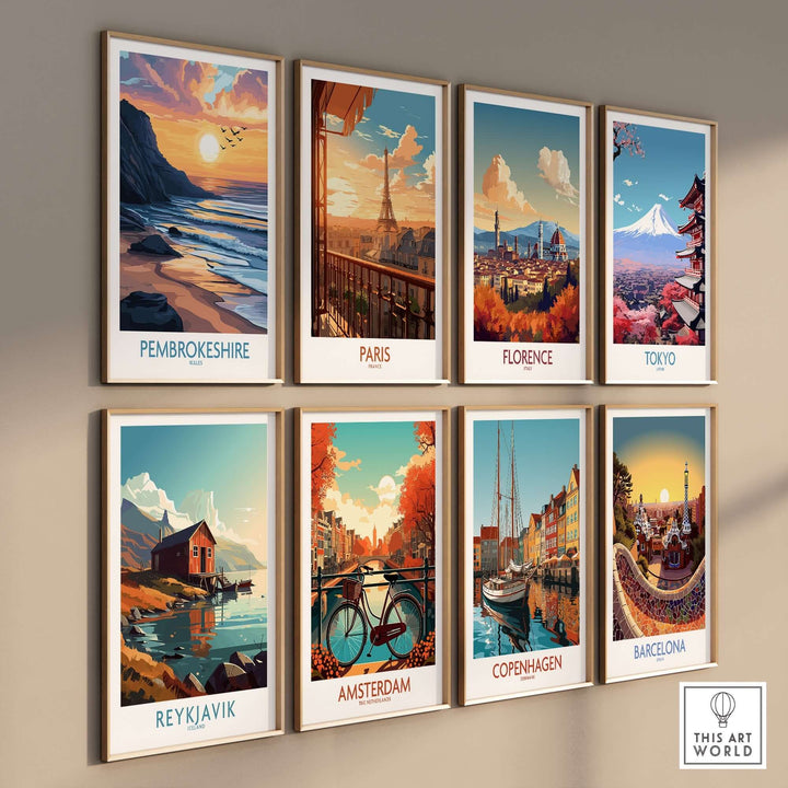 Collection of eight travel posters including Pembrokeshire, Paris, Florence, Tokyo, Reykjavik, Amsterdam, Copenhagen, and Barcelona.