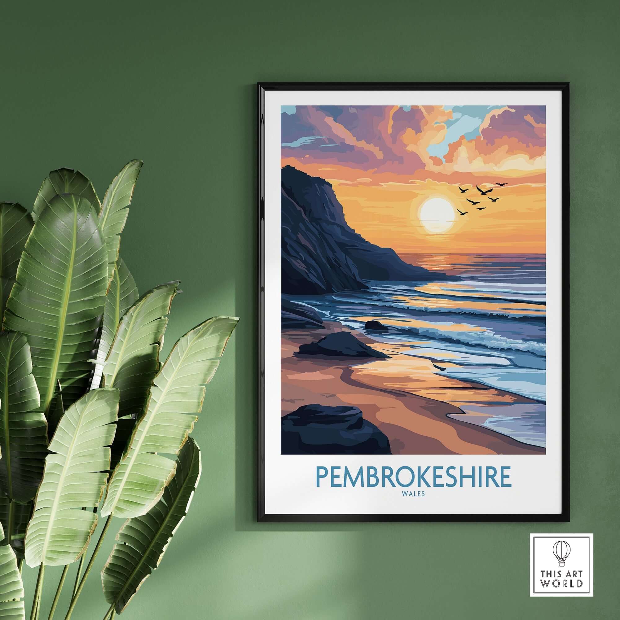 Pembrokeshire Wales Travel Poster featuring a golden sunset and scenic beach view, perfect for art lovers.