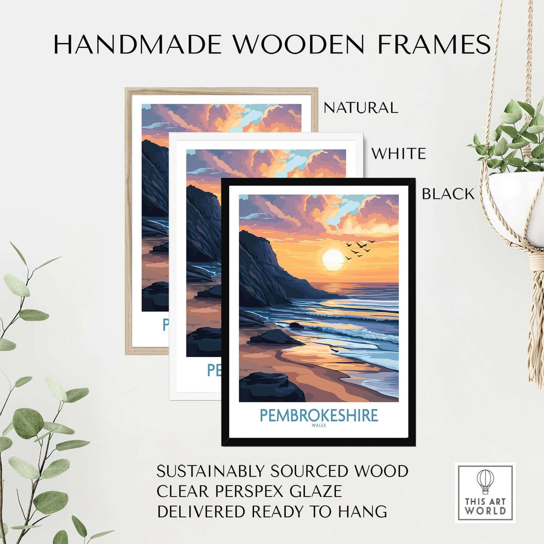 Handmade wooden frames in natural, white, and black showcasing a Pembrokeshire travel poster with a sunset scene.