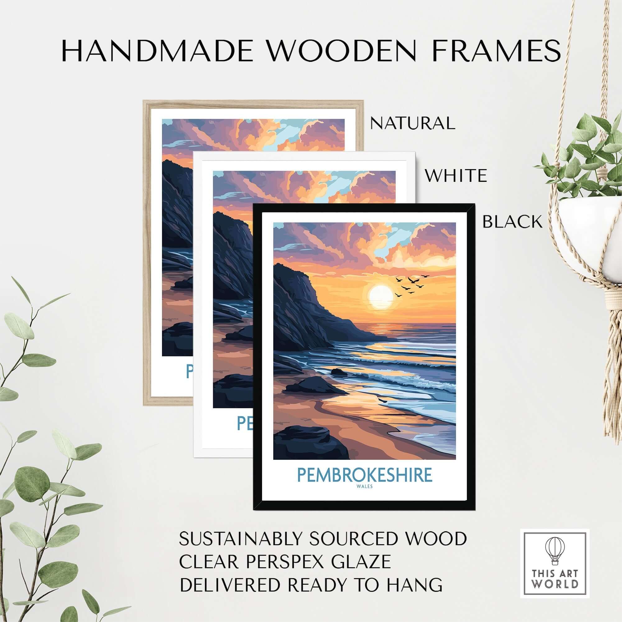 Handmade wooden frames for Pembrokeshire Wales Travel Poster in natural, white, and black finishes.