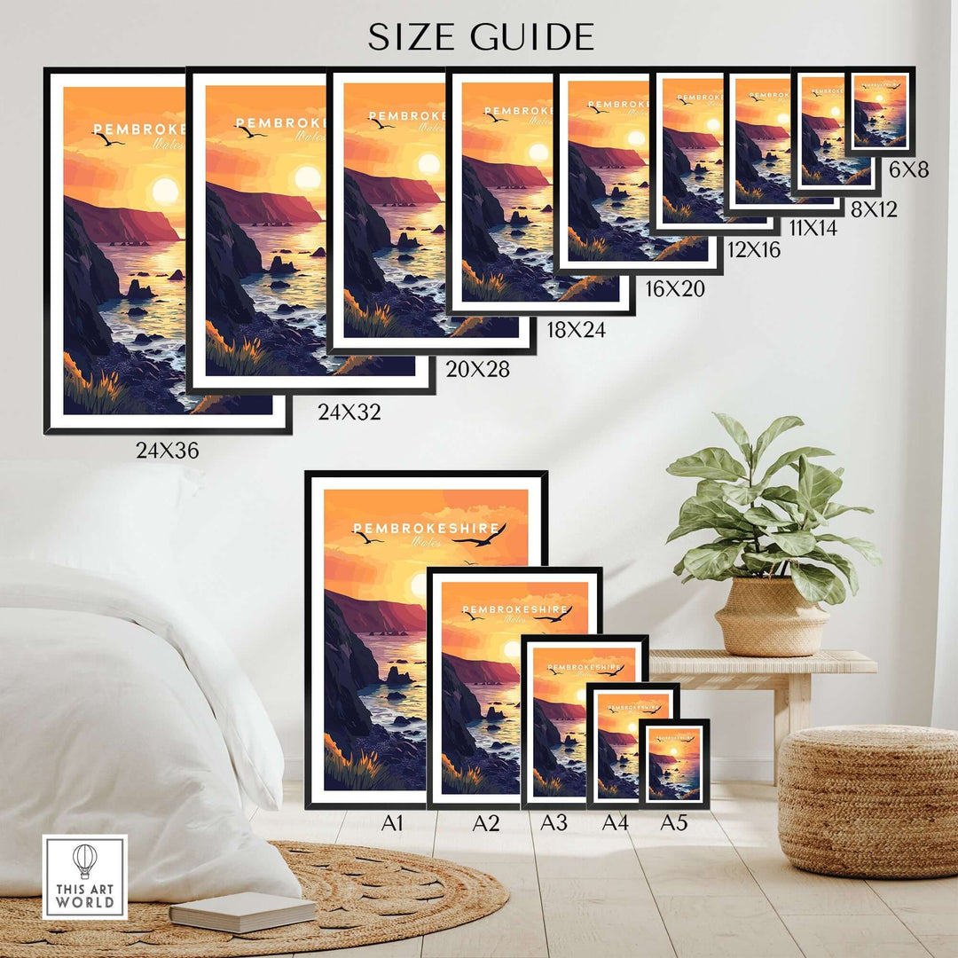 Pembrokeshire Wales wall art size guide showcasing various framed dimensions and vibrant sunset design for home decor.