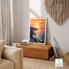 Pembrokeshire Wales Wall Art featuring a vibrant sunset and coastal scenery in a stylish living room setting.