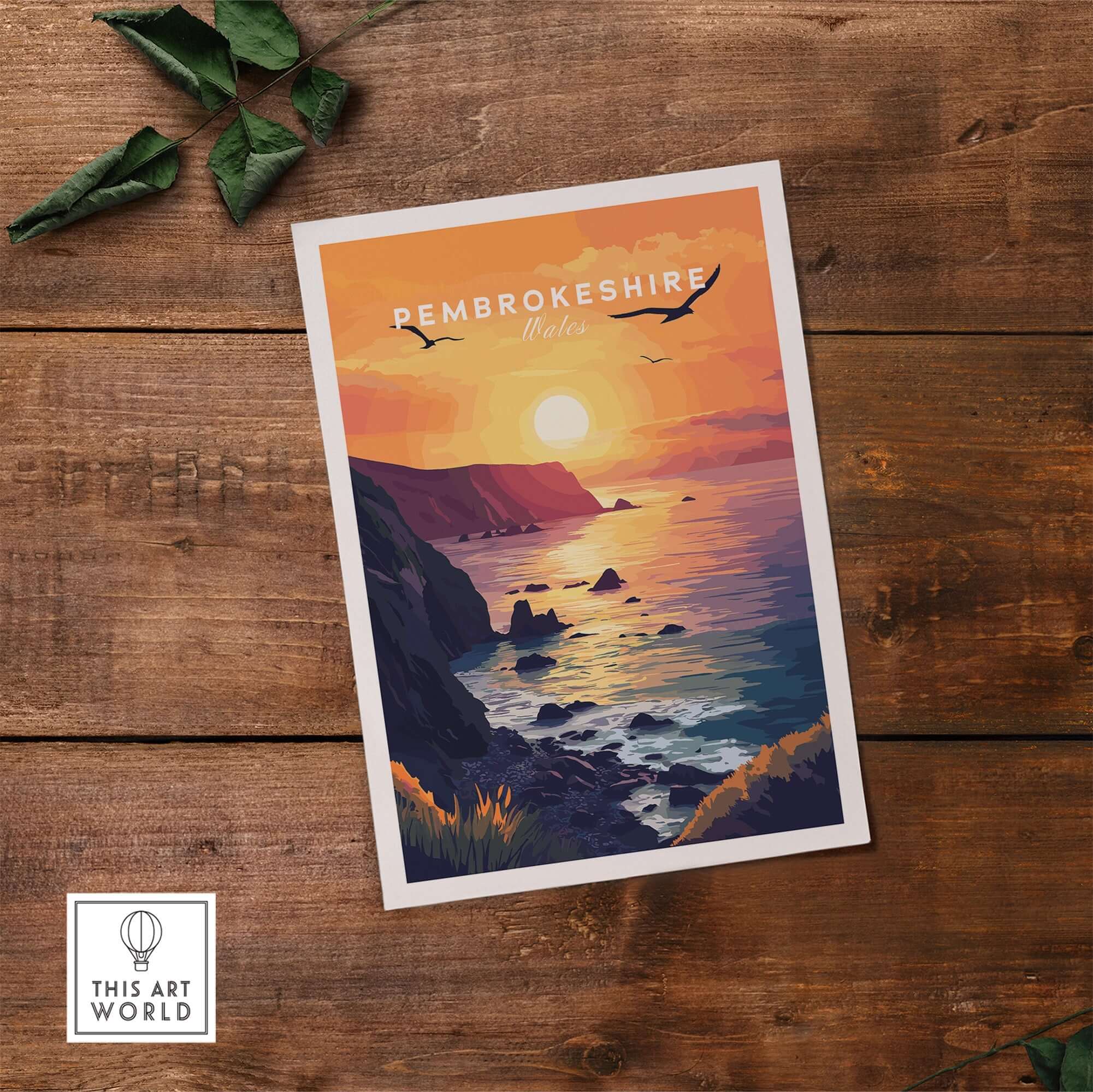 Pembrokeshire Wales Wall Art featuring a vibrant sunset over the coastal landscape.
