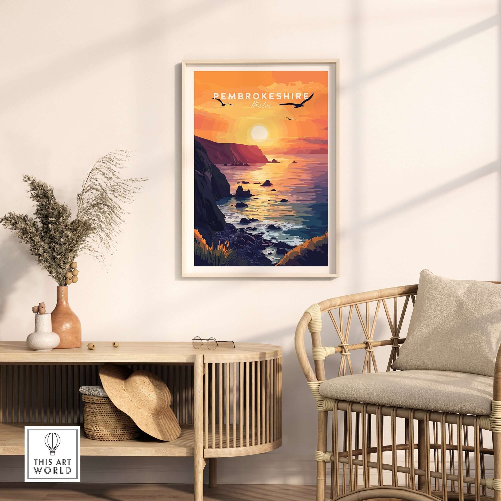 Pembrokeshire Wales Wall Art featuring a vibrant sunset over the ocean in a stylish home setting.