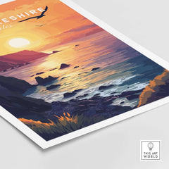 Pembrokeshire Wales Wall Art featuring a vibrant sunset over the coast and rocky shoreline.