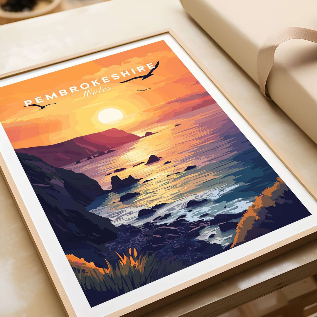 Pembrokeshire Wales wall art featuring a vibrant sunset over the coastline, perfect for home decor.