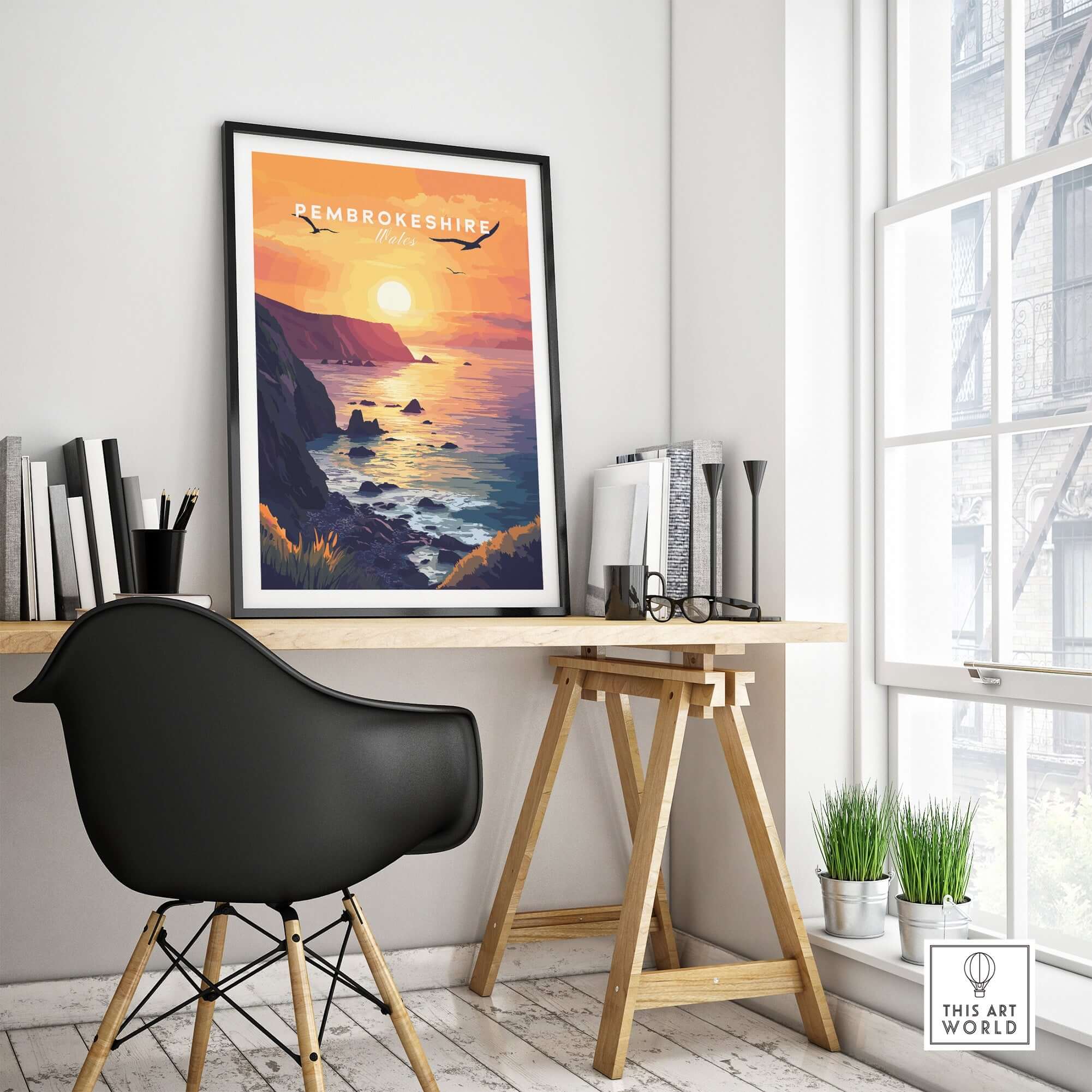 Pembrokeshire Wales Wall Art featuring a vibrant sunset over the coast in a stylish home office setting.