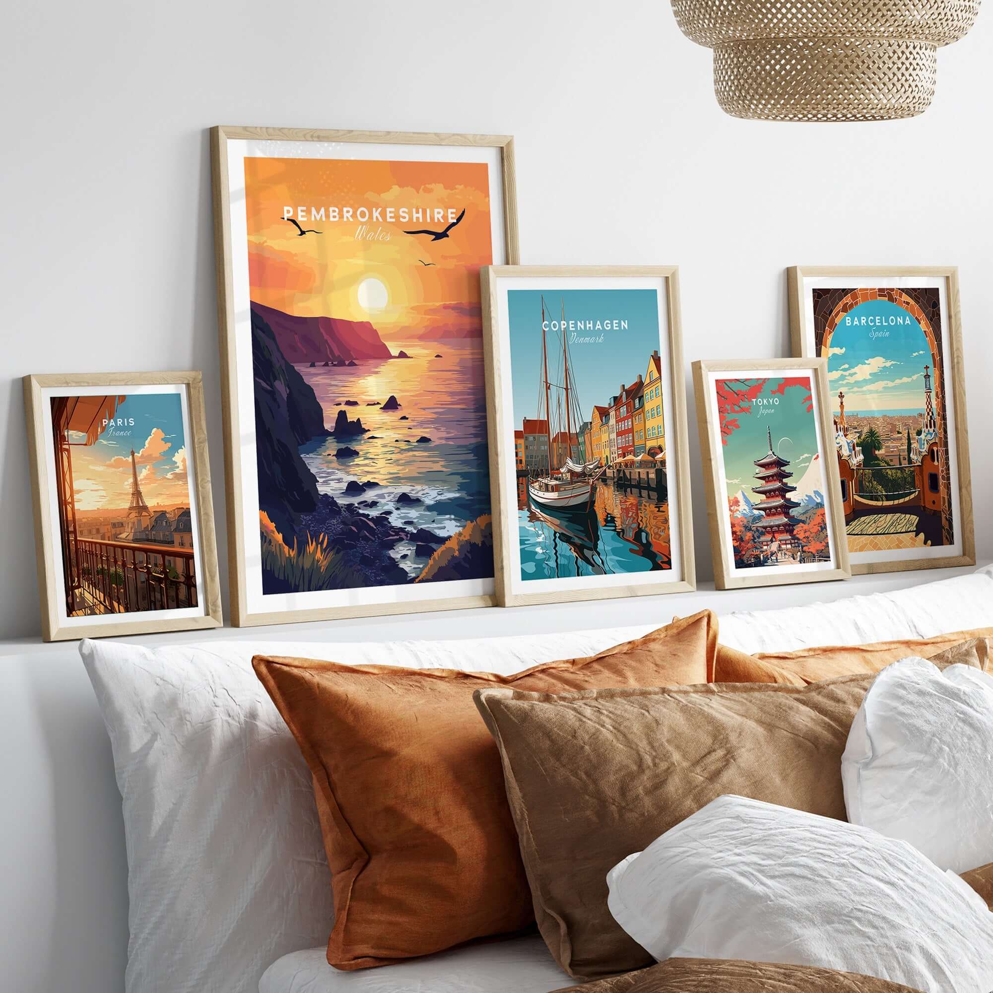 Pembrokeshire Wales Wall Art showcasing vibrant sunset colors and coastal landscapes framed in modern decor.