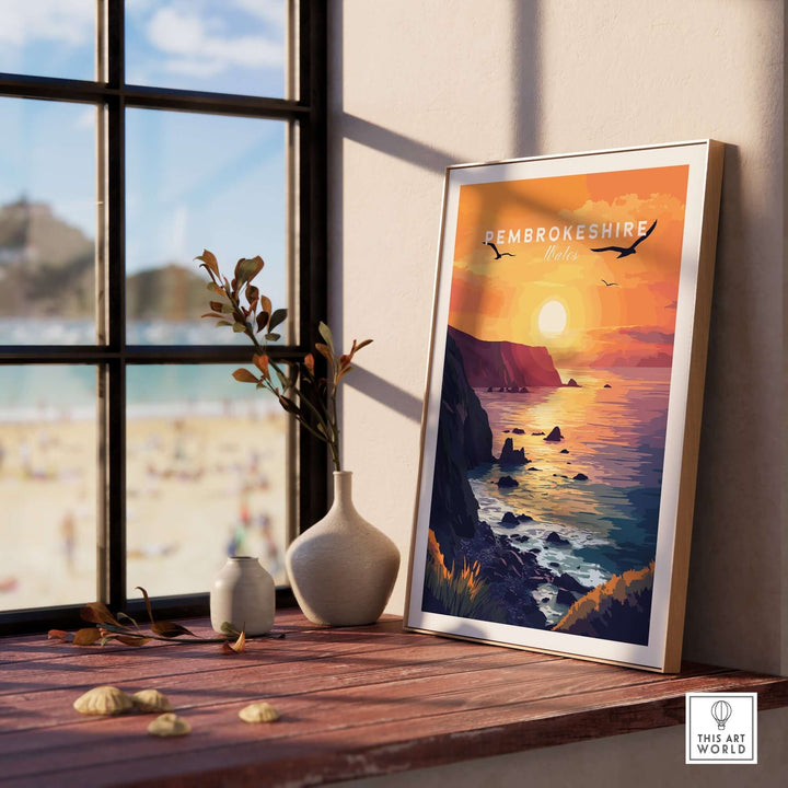 Beautiful Pembrokeshire Wales wall art featuring a sunset over the coast, perfect for home or office decor.