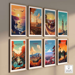 Collection of vibrant travel wall art, featuring Pembrokeshire Wales Wall Art and other iconic cities.