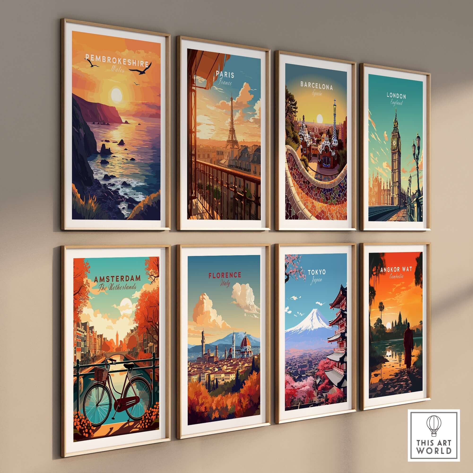Collection of vibrant travel wall art, featuring Pembrokeshire Wales Wall Art and other iconic cities.