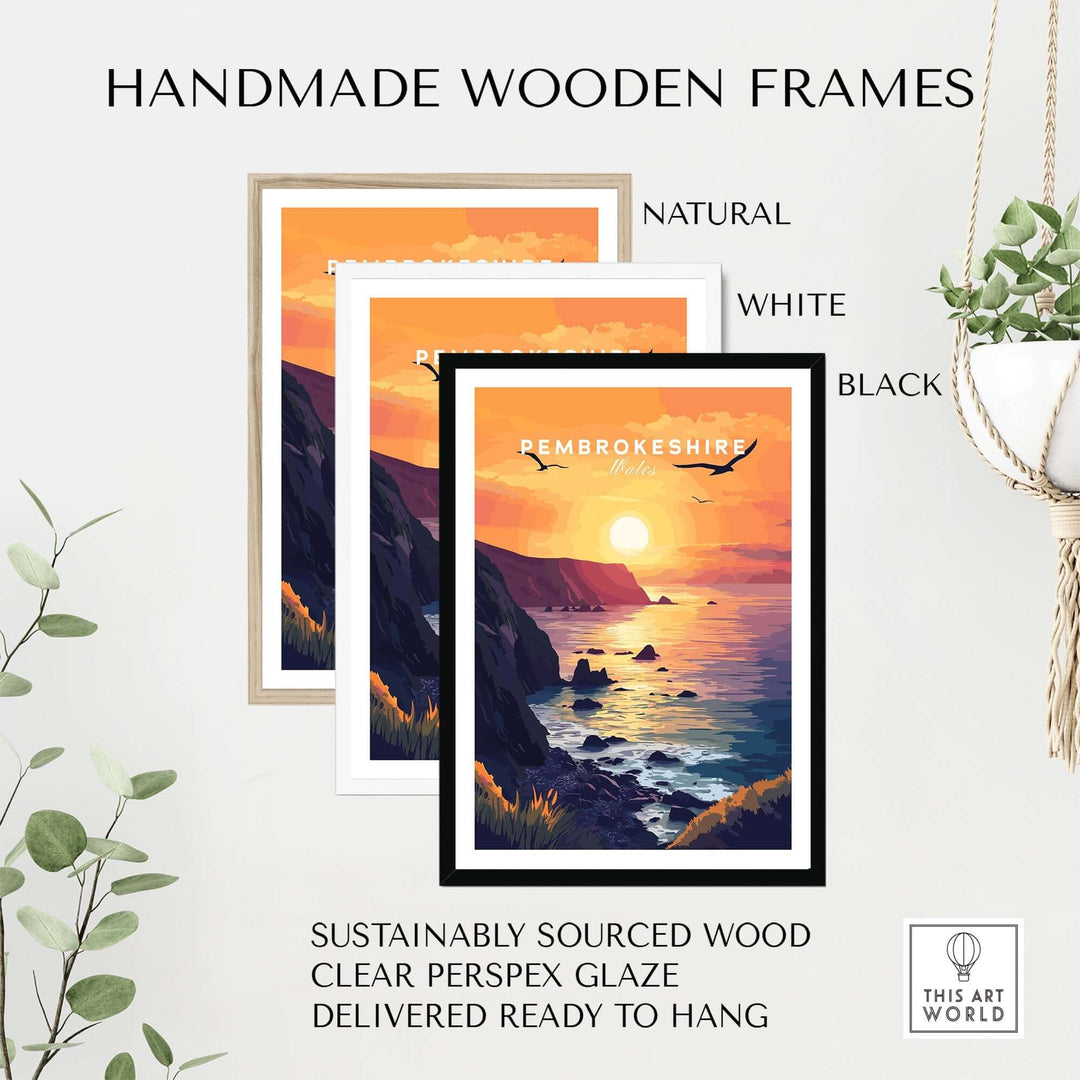 Handmade wooden frames in natural, white, and black showcasing Pembrokeshire sunset wall art, sustainably sourced and ready to hang.