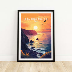 Pembrokeshire Wales Wall Art featuring a vibrant sunset over the coastline.