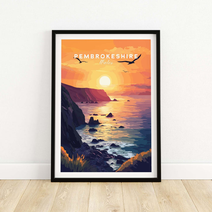 Pembrokeshire Wales wall art featuring a vibrant sunset over the ocean and cliffs, perfect for home decor.