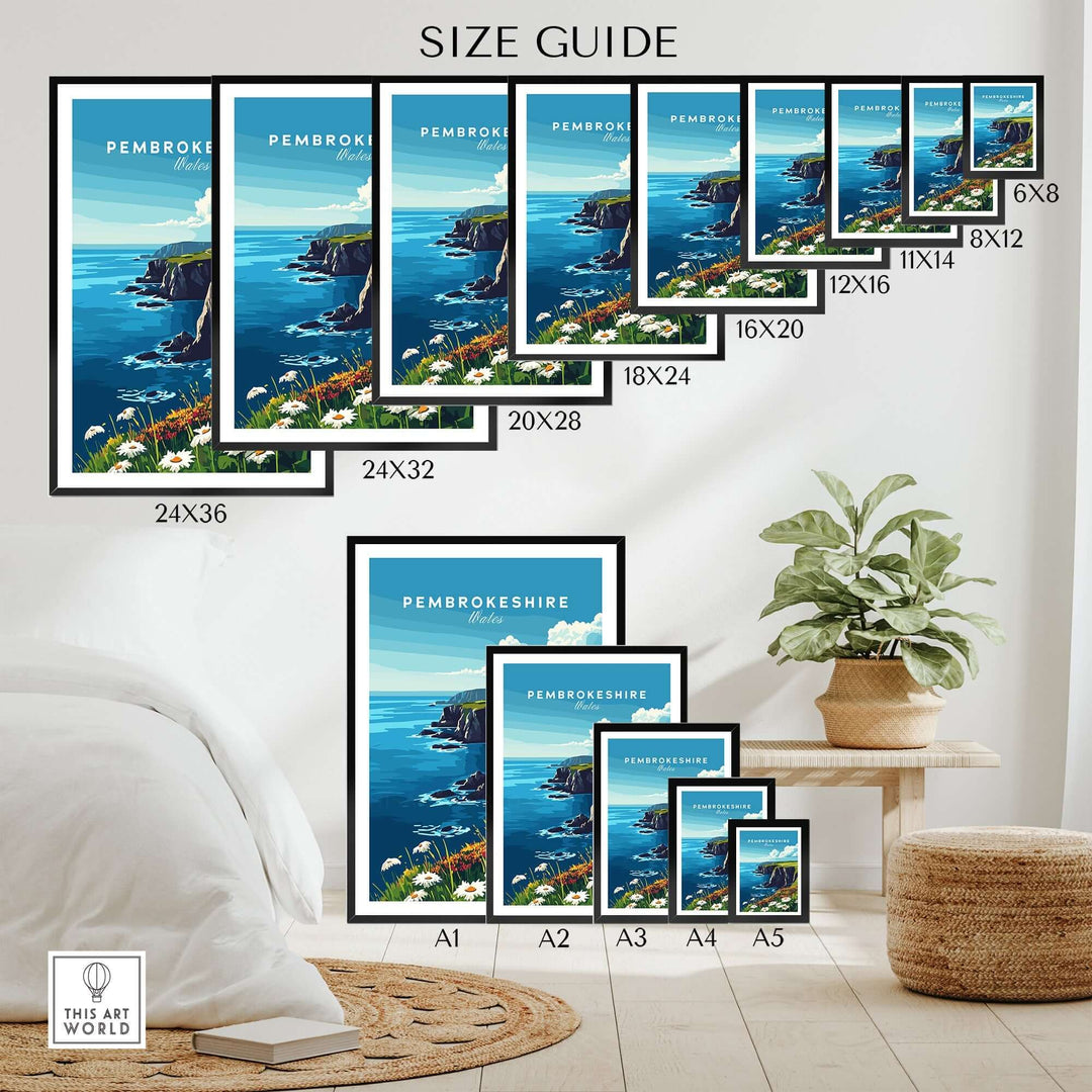 Size guide for Pembrokeshire wall art showcasing various frame sizes against a cozy home setting.