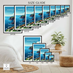 Pembrokeshire Wall Art size guide showing various frame sizes for the stunning Pembrokeshire coastal artwork.