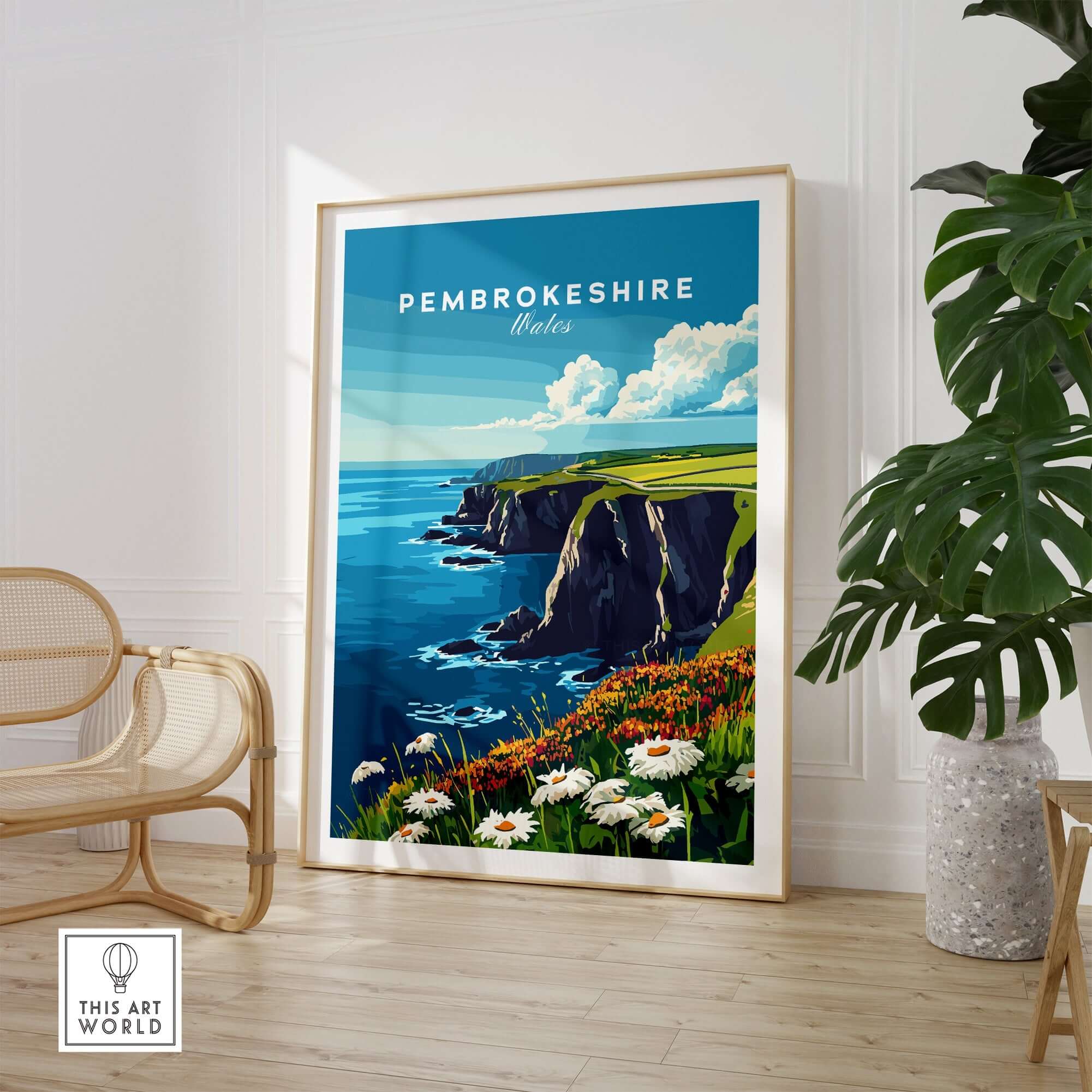 Pembrokeshire Wall Art showcasing the stunning Wales coast with vibrant flowers and cliffs in a stylish living room setting.
